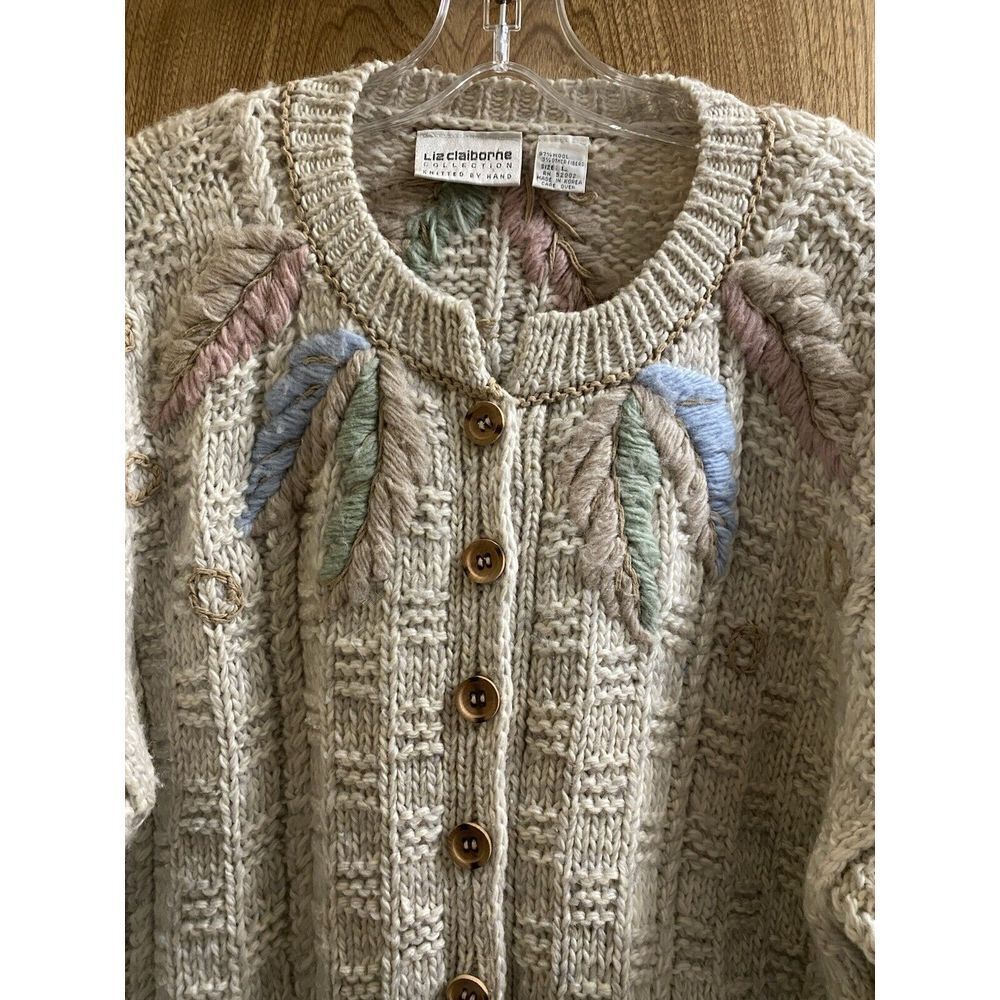 Vintage Liz Claiborne Hand Knit Wool Button-up Sweater Pastel Designs Grandma L - Picture 4 of 16